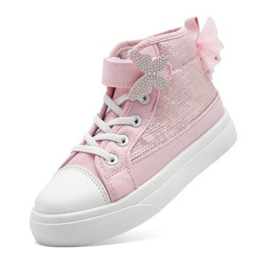 Imagem de Tênis infantil para meninas e meninos, moderno, lona, cano alto, borboleta, lantejoulas, sapatos infantis casuais para caminhada, rosa, 12.5 Little Kid