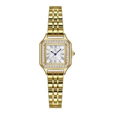 Imagem de Gosasa Relógio de pulso feminino quadrado de quartzo retrô analógico dourado e prateado à prova d'água com pulseira pequena vintage, A, dourado, branco