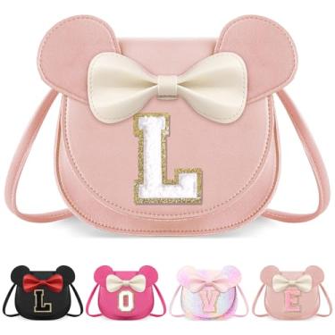 Imagem de izuzta Bolsa infantil para crianças 1 2 3 4 5 6 7 8 anos de idade bonito mouse orelha laço bolsa transversal presente de aniversário, Grande/bolsa rosa/letra branca, Large, G