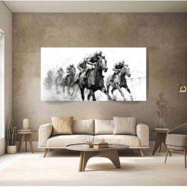 Imagem de Quadros Decorativos para Sala Cavalos Selvagens Correndo Mustangues Livres Preto e Branco Escritório Luxo (90x60)