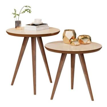 Imagem de Conjunto Mesa Lateral Sofá Sala Pés Palito - CasaH, Off White/Freijó