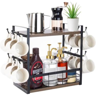 Imagem de baflovga Organizador de café de 2 camadas para bancada, suporte multifuncional de prateleira de café com 12 ganchos para caneca, balcão de bar de café de madeira para cozinha e escritório