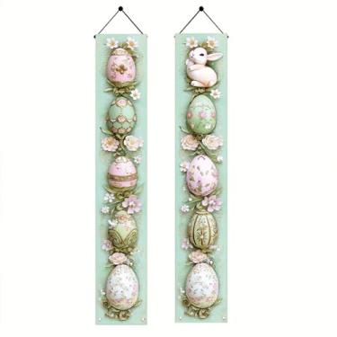 Imagem de Starlit Patio Faixa de sinal de alpendre de ovo de Páscoa de boas-vindas 2 peças faixa de porta de Páscoa feliz decoração coelho Páscoa porta da frente sinal de boas-vindas banner pendurado para