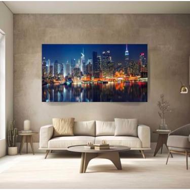 Imagem de Quadro Sala Cidade Nova York Noite 100x70 Decorativo Grande Cor Colorido Armação Impresso Nas Laterais