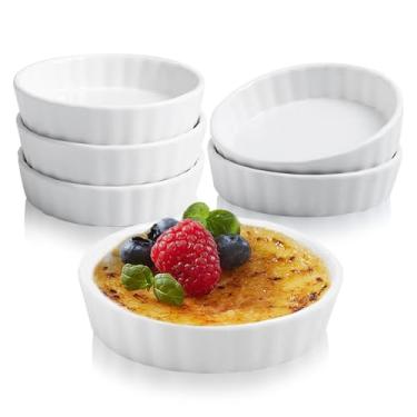 Imagem de Loccmat Ramekins de creme Brulee de 236 ml, pacote com 6 ramequins de porcelana, pratos de quiche redondos canelados, mini formas de torta para assar suflê, mini tortas, molhos, torta