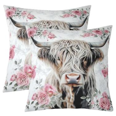 Imagem de jejeloiu Capas de almofada reversíveis Highland Cow, 55 x 55 cm, capas de almofada de gado Highland Highland, decoração de casa, para meninos, adolescentes, flores rosas, flores quadradas, conjunto de