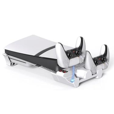 Imagem de AARONMEI Suporte de resfriamento horizontal com ventilador de 3 níveis e carregador de 2 controles para PlayStation 5 Slim/Pro, estação de resfriamento com sistema de resfriamento ajustável (branco)