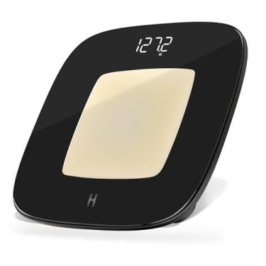 Imagem de Homedics Balança digital de banheiro, iluminação central ambiente com sensor de movimento, vidro temperado elegante, medição de peso de alta precisão de até 181 kg, design sustentável, preta