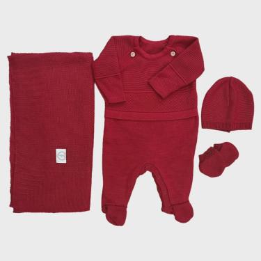 Imagem de Kit Saída Maternidade Tricô Manta, Macacão, Touca e Luvas Vermelho