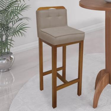 Imagem de Banqueta Alta Com Encosto Agnes Cozinha Balcão Bistrô Base Madeira Carvalho Suede Bege - Ahazzo Móveis