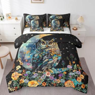 Imagem de Homewish Jogo de lençol com edredom reversível de coruja gótica, 7 peças, pássaro, animal selvagem, estrelas, lua, flores, floral, lençol com elástico e lençol de cima