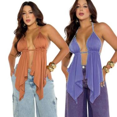 Imagem de Kit 2 Cropped Alçinha Boho Decotado Com Costas Nuas em Amarração Sexy 