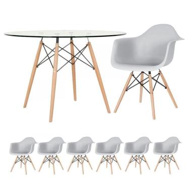Imagem de Mesa Redonda Eames Com Tampo De Vidro 120 Cm + 6 Cadeiras Eiffel Daw Cinza Claro Cinza Claro