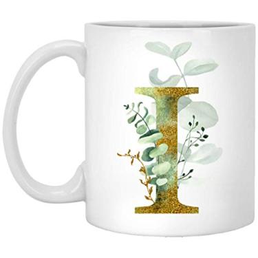 Imagem de Caneca de café com letra gráfica alfa/I - monograma letra do alfabeto I - dourado cintilante qualquer letra floral alfabeto chá café chocolate quente para o seu aniversário Natal Dia das Mães caneca de café, Branco, 11oz, 1