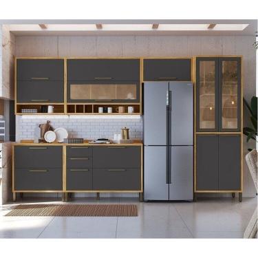 Imagem de Cozinha Modulada com 6 Peças 12 Portas 4 Gavetas e Vidro Reflecta 100% Mdf Vicenza Espresso Móveis Amêndoa/Cinza