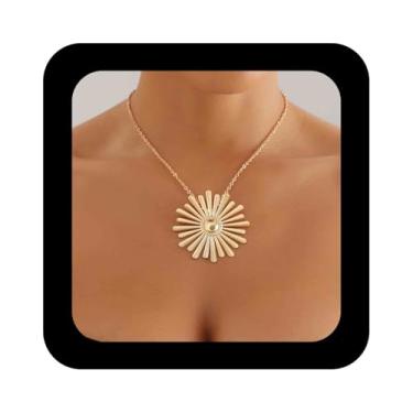 Imagem de Vacaonio Gargantilha grande de flor dourada exagerada de metal exagerado, colar com pingente de girassol polido, colares de sol em forma de floral, corrente para mulheres, Zinco, Sem Pedra Preciosa