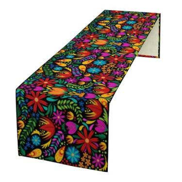Imagem de Houselerax Caminho de mesa floral Mexican Fiesta, Cinco De Mayo, Decoração Dia De Los Muertos Fiesta Party Supply Home Kitchen Altar Decor Decoração de sala de jantar 33 x 152 cm