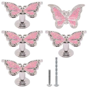 Imagem de YuGtcen 5 maçanetas de armário, puxadores de cristal para gavetas, puxador de borboleta rosa para cômoda, puxadores decorativos puxadores de gaveta de borboleta fofos para cozinha, quarto de meninas