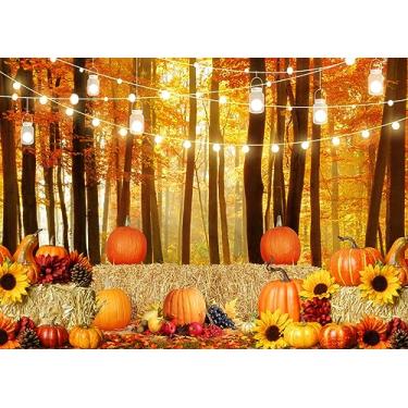 Imagem de LYCGS Pano de fundo de outono de 3,5 x 2,3 m para outono de Ação de Graças, cenário fotográfico, floresta, abóbora, girassol, folha de ácer, palheiro, palheiro, decoração de festa de Ação de Graças,