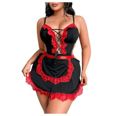 Imagem de WDIRARA Women's Plus Size 2 Piece Contrast Lace Cosplay Lingerie Set Maid Costume Set Dress and Belt Red Black XX-Large Plus