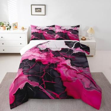 Imagem de Homewish Conjunto de edredom com pintura a óleo, rosa e preto, para crianças, meninas, adultos, arte abstrata, conjunto de edredom acolchoado com grafite em aquarela, tamanho solteiro, 2 peças