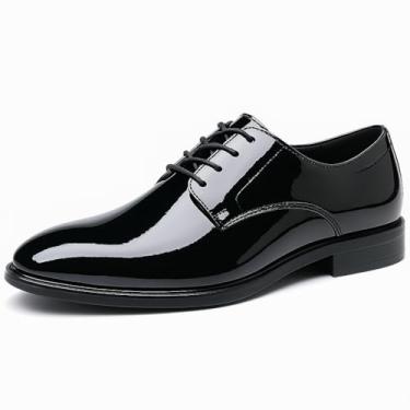 Imagem de Sapato social masculino de smoking, clássico, formal, Oxford, couro sintético, envernizado, cadarço para negócios, casamento, terno preto, Preto, 38