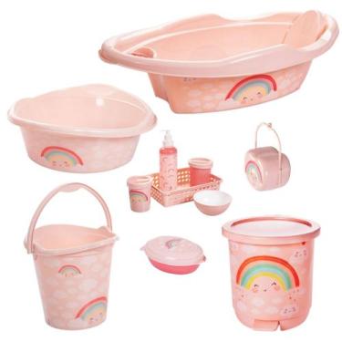 Imagem de Kit banheira de bebê plasutil 7 peças + kit higiene urso + bacia + lix
