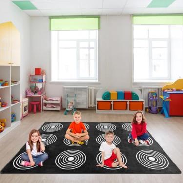 Imagem de Tapete infantil, tapete para sala de aula, tapete infantil de 1,5 x 1,8 m com suporte de borracha, tapete de assento abstrato circular para crianças, quarto, sala de jogos, elementar, preto