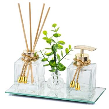 Imagem de Kit Banheiro Vidro 100ml - Bandeja Completa Dourada com Difusor Porta-Sabonete