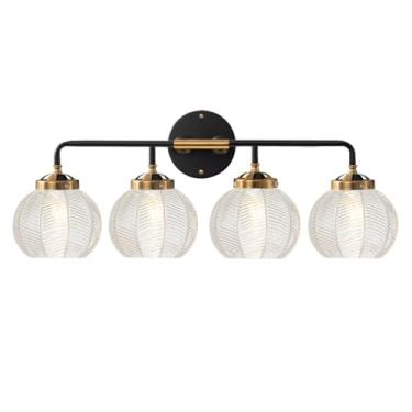 Imagem de Qufute Luminárias De Penteadeira Com 4 Luzes, Banheiro Sobre O Espelho, Arandela Moderna Meados Do Século Cúpula Vidro Transparente, Luminária Preta Dourada Para Sala Estar, Armário, Varanda,