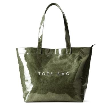 Imagem de KALIDI Sacola de PVC com zíper, bolsa de praia de papel kraft, grande, Hobo, para todas as viagens, compras, bolsa de ombro de plástico, Oliva, Large