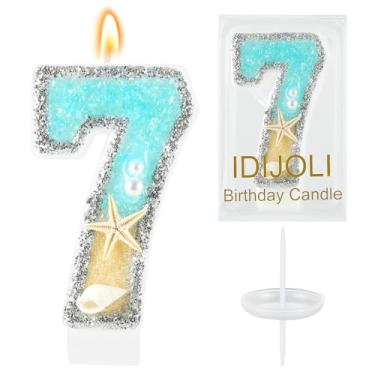 Imagem de IDIJOLI Vela de aniversário de praia, estrela-do-mar, número 7 velas, 7º bolo, azul, enfeite de bolo de aniversário, decorações de cupcake, decoração de festa, aniversário, celebrações, suprimentos