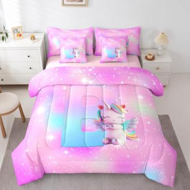 Imagem de Feelyou Conjunto de cama casal de unicórnio fofo para meninos e meninas, letra B, 7 peças, letras do alfabeto, conjunto de edredom com lençóis, arco-íris, glitter, 7 peças