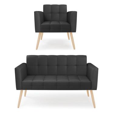 Imagem de Kit 1 Sofá Namoradeira E 1 Poltrona Elisa Corino Pés Palito Natural - D'rossi Cor Preto