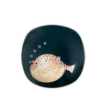 Imagem de Prato de sopa redondo requintado de cerâmica pintada à mão em cor japonesa - prato quadrado de 20 cm - peixe verde gordo