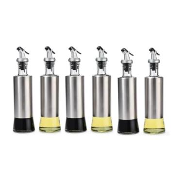Imagem de Kit 6 Mini Porta Azeite e Vinagre de Vidro com Inox 300ml - Galheteiro com Bico Dosador