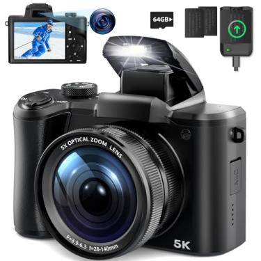 Imagem de Câmera digital, câmeras FHD 5K para fotografia e vídeo, câmera vlogging com foco automático de tela sensível ao toque de 64 MP para YouTube com zoom óptico de 5X, flash, cartão SD de 64 GB