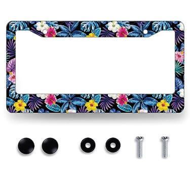 Imagem de Moldura de placa de licença de hibisco lindas flores tropicais suporte de placa de licença floral colorido aço inoxidável à prova de ferrugem peças automotivas engraçadas decoração de placa de licença com parafusos 31,2 cm x 16 cm homens mulheres