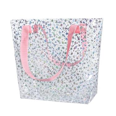 Imagem de TotePrint Sacola holográfica transparente de coração, bolsa de praia à prova d'água com alças rosa, grande 30 x 31 x 11 cm, compatível com TSA, B090-d2045-9(8517-3), Large, Bolsa de praia