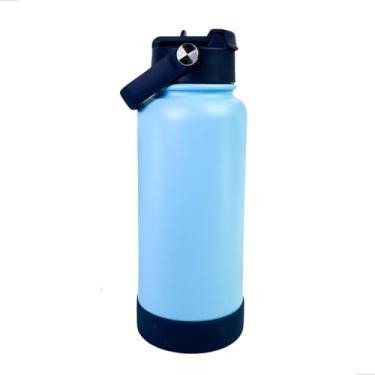 Imagem de Garrafa Térmica Inox 1L com Alça e Canudo/Tampa Rosca – Antivazamento, Parede Dupla, Bebida Quente e Fria – Academia, Escritório e Viagens (p1859Azul dois Bicos)