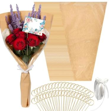 Imagem de 50 peças de sacos de flores para buquês, 55 x 35 cm, papel de embrulho floral kraft com 50 peças de suporte de cartão floral, palhetas e fitas, para dia dos namorados, professores, formatura