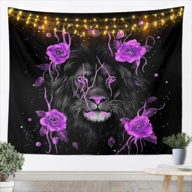 Imagem de jejeloiu Tapeçaria de rosa roxa e leão para crianças, meninos, meninas, grande, 150 x 208 cm, arte de parede, estampa de animal selvagem, romântico, floral, decoração de quarto de leão preto