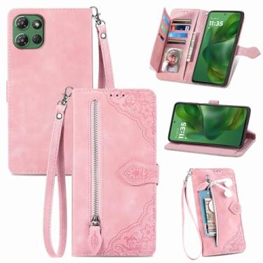 Imagem de Furiet Capa carteira para Motorola Moto G 5G 2025 com cordão de pulso, estampa de flor, bolso flip de couro, suporte para cartão, acessórios para celular, capa de celular para G5G 5 G G5 rosa
