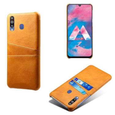 Imagem de Capas Compatível com Samsung Galaxy M30,Caso de couro PU-Tampa de telefone a prova de choque com 2 slots de cartão,Proteção anti-impressão digital e anti-gota-Yellow