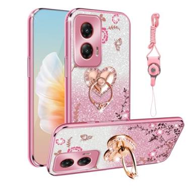 Imagem de Capa para Moto G Stylus 5G 2024 TPU luxo cristal borboleta coração floral magnético à prova de choque com suporte [cartão e alça de glitter] capa de proteção para G Stylus 5G 2024 (rosa brilhante)