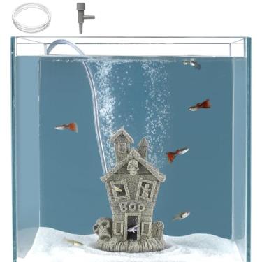 Imagem de Carefree Fish Aquário Casa Assombrada Halloween Fantasma Borbulhador Decoração Peixe Ornamento Escondido com Tubo de 3 Pés e Pequena Pedra de Ar (Bomba de Ar Não Incluída