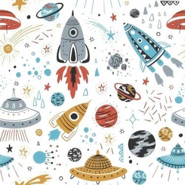 Imagem de Papel De Parede Adesivo Espaço Universo Foguete Colorido 12m