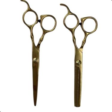 Imagem de Kit Barbeiro 2 PeçAs de Tesouras Profissionais de Cabeleireiro em AçO InoxidáVel(Dourado)
