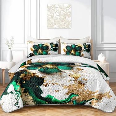 Imagem de AILONEN Conjunto de colcha de flores de mármore tamanho solteiro com 2 fronhas, colcha acolchoada floral verde dourado macio, leve, conjunto de cama de luxo com 3 peças de plantas botânicas