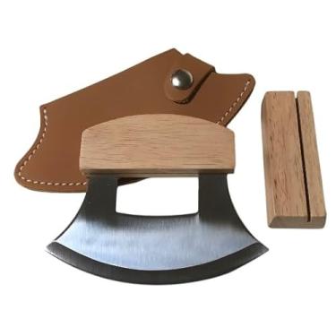 Imagem de Generic Mezzaluna Ulu faca Chopper suporte de madeira bainha de couro ferramenta artrítica cabo simples, grande, akconnect2